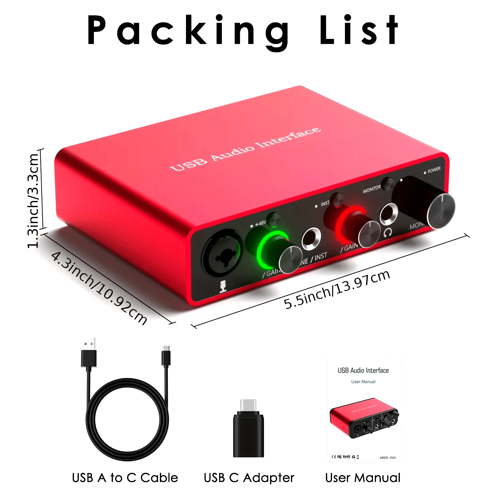24Bit 192kHz USB Audio Mixer Interface - 48V Phantom Power, Plug-and-Play Studio Equipment for Musicians, Compatible with Most DAWs for Solo Recording