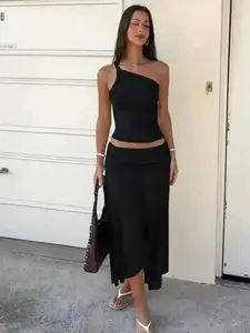 Women's Solid One Shoulder Top & Skirt Set Casual Fashion Cozy Outfits for Daily Outdoor Summer Y2k Going Out, Classic Design, Smart Casual, Easy Styling, Minimalist Chic, Wardrobe Staple, Everyday Comfort