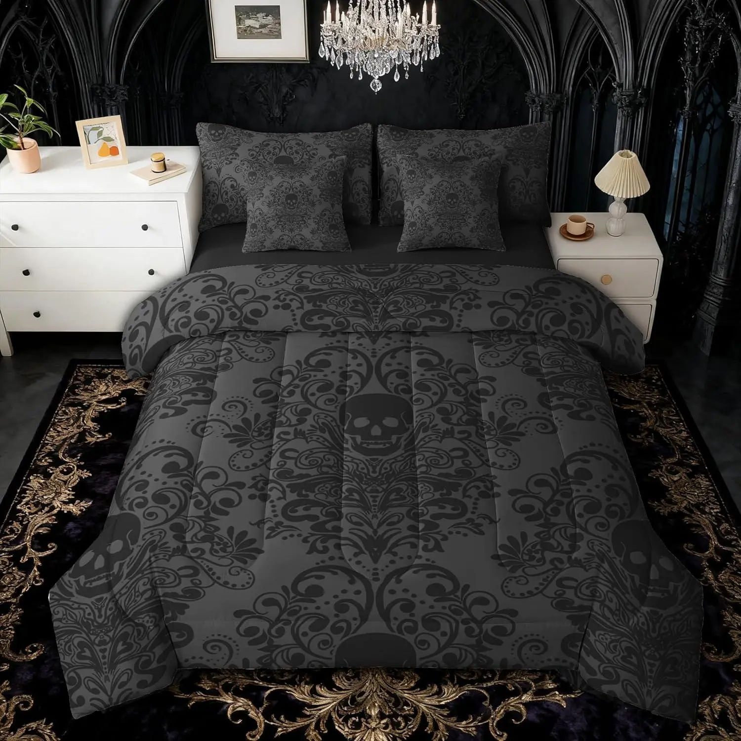 Gothic Skull Comforter Set with Sheets 7 Piece Damask Print Bedding Set for Kids Boys Girls Goth Bohemian Bed in a Bag Dark Olive Green Room Decor Soft Lightweight Microfiber