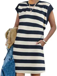Aswulk Womens Striped Summer Dresses Crewneck Cap Sleeve Color Block Casual A Line Tshirt Dress with Pockets