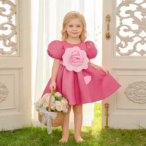3026 girl red flower dress romantic design dress puff sleeve dress suitable for anniversary birthday party