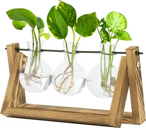 Plant Terrarium with Wooden Stand, Air Planter Bulb Glass Vase Metal Swivel Holder Retro Tabletop for Hydroponics Home Garden Office Decoration - 3 Bulb Vase