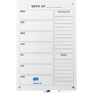 24" x 36"  Weekly Glass Planner Whiteboard Frameless Ultra-White Dry Erase Calendar for Office or  Kitchen -  Tempered Glass, Vertical Wall-Mounted (6 Markers Included)