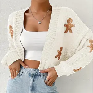 Gingerbread Man Cropped Cardigan – Women’s autumn/winter long-sleeve knit top with Christmas embroidery, casual V-neck sweater