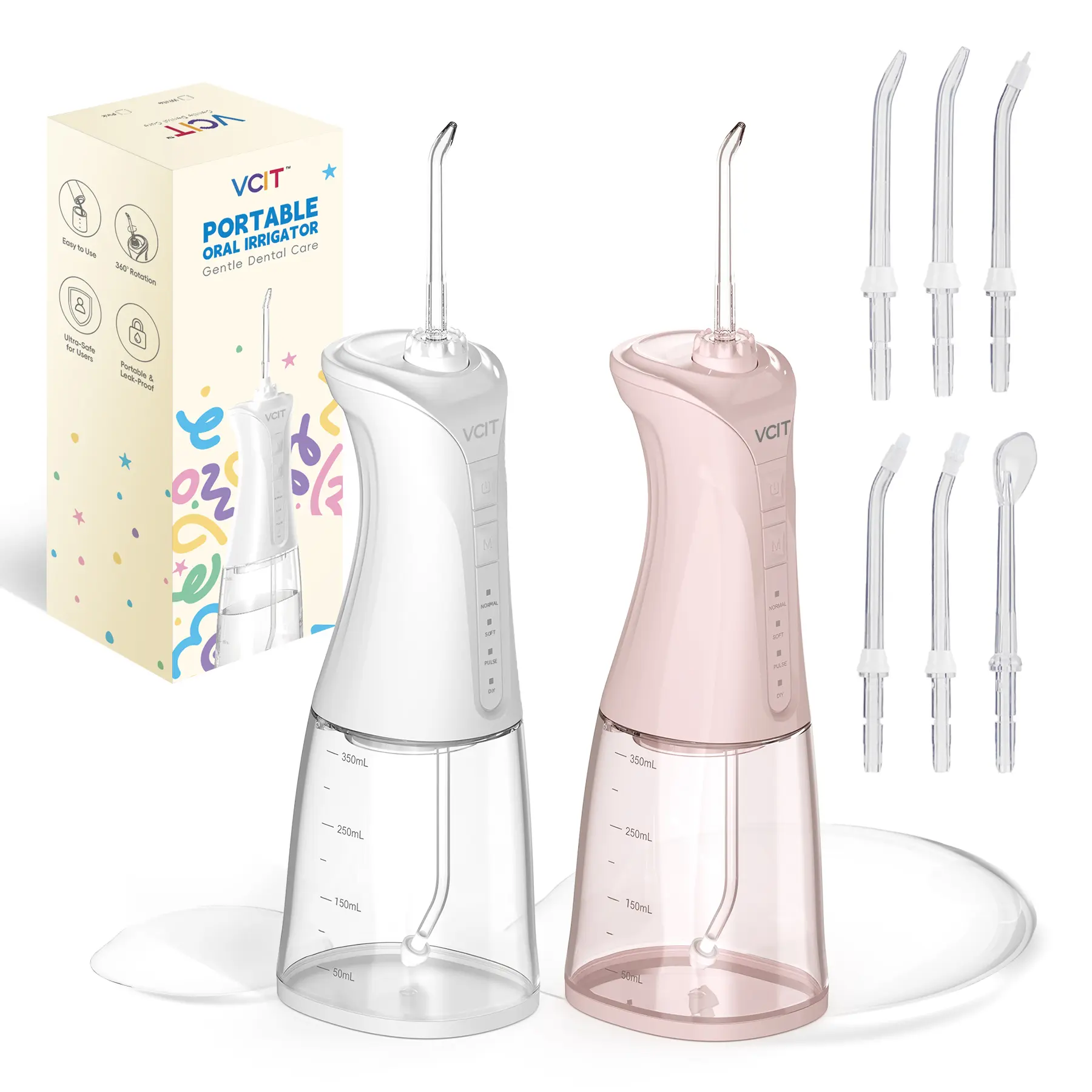 VCIT Water Flosser for Braces - 350ML Cordless Portable Oral Irrigator with 4 Modes & IPX7 Waterproof for Kids and Adults, Travel & Shower Use（White,Pink）