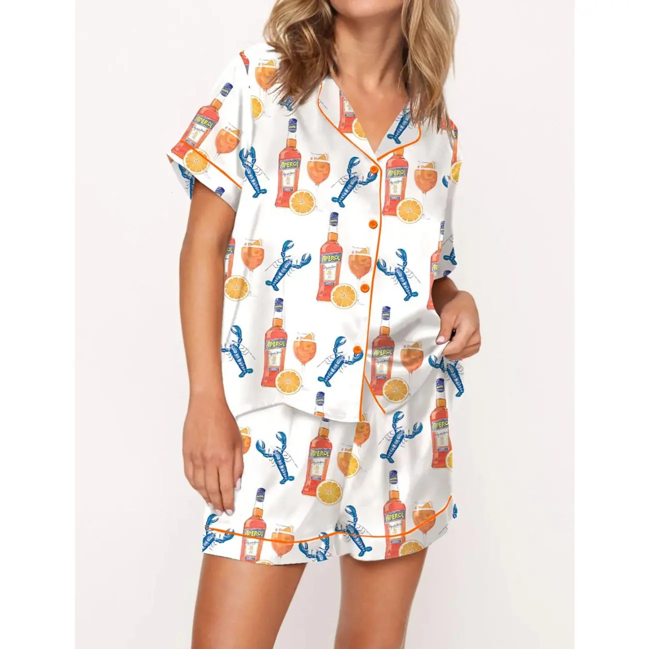 Lobster Aperol Spritz Trio Cotton Pajama Set for Women - Playful and Cozy Sleepwear for Cocktail and Seafood Lovers, Perfect for Summer Cocktail Parties, Beachside Evenings
