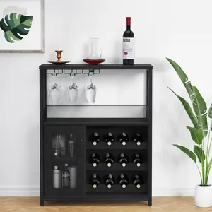 【Christmas Gift】Black Bar Cabinet Removable Wine Storage Cabinet with Extra Storage Industrial Sideboard and Buffet with Glass Tray and Mesh Doors Freestanding Cupboard Furniture For Kitchen