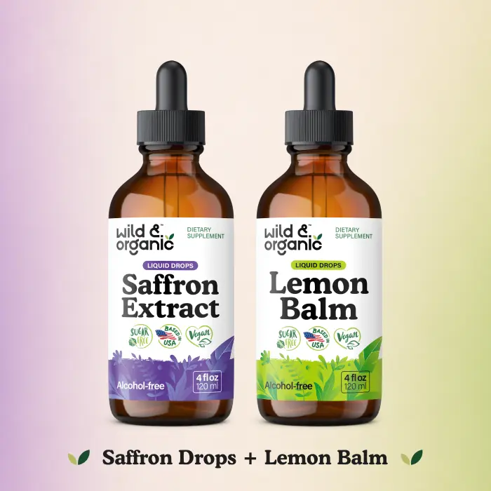 Wild & Organic Better Days, Calmer Nights Duo: Saffron Drops for Mood Support + Lemon Balm Drops for Relaxation & Restful Sleep, Vegan, Sugar-Free, Alcohol-Free