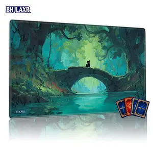 Whimsical Forest Bridge & Black Cat MTG Playmat - 12x24in Non-Slip TCG Playmat, Ideal for Card Game Enthusiasts, Perfect for Family Gatherings & Gifting