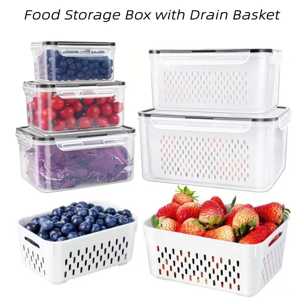 4-Pack Large Fruit Storage Containers for Fridge with Removable Colander, 2 in 1 Produce Storage Containers, BPA-Free Fridge Organizers and Storage Keep Fruits, Vegetables, Berry Fresh Longer