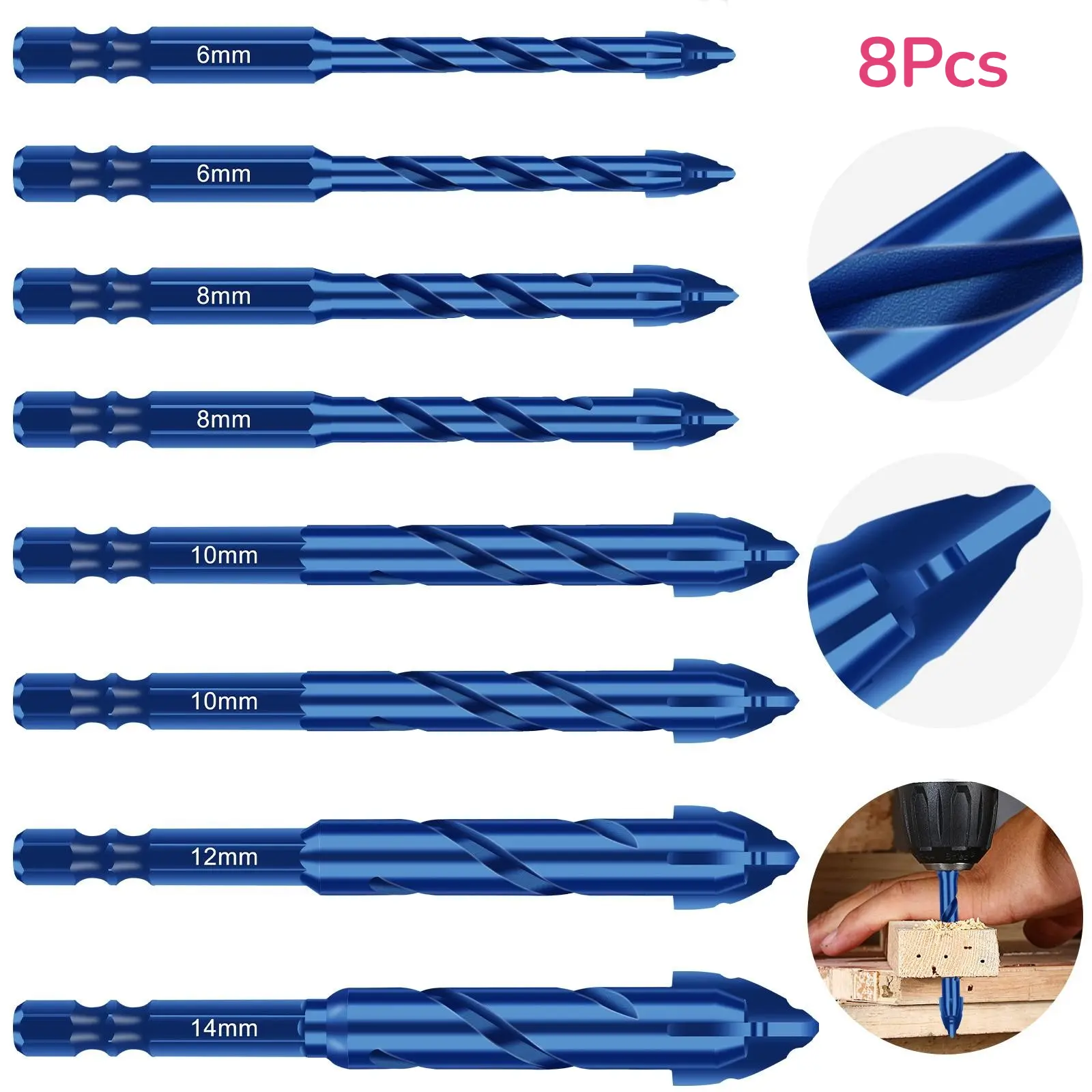 8Pcs 6/8/10/12mm Serrated Masonry Drill Bit - 1/4" Hex Shank Concrete Drill Bits,Essential Drill Bit Set for Concrete Tile Brick Ceramic Wood
