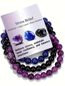 3pcs Fashion nNatural Stone Bracelet, Three-color Beaded Elastic Bracelet, Triple Protection Handmade Gemstone Aura Jewelry Gift, Bohemian Style Bracelet, Neutral Jewelry, Gifts for Family, Friends and Colleagues, Fashion Jewelry, Stretchy Bracelet Set