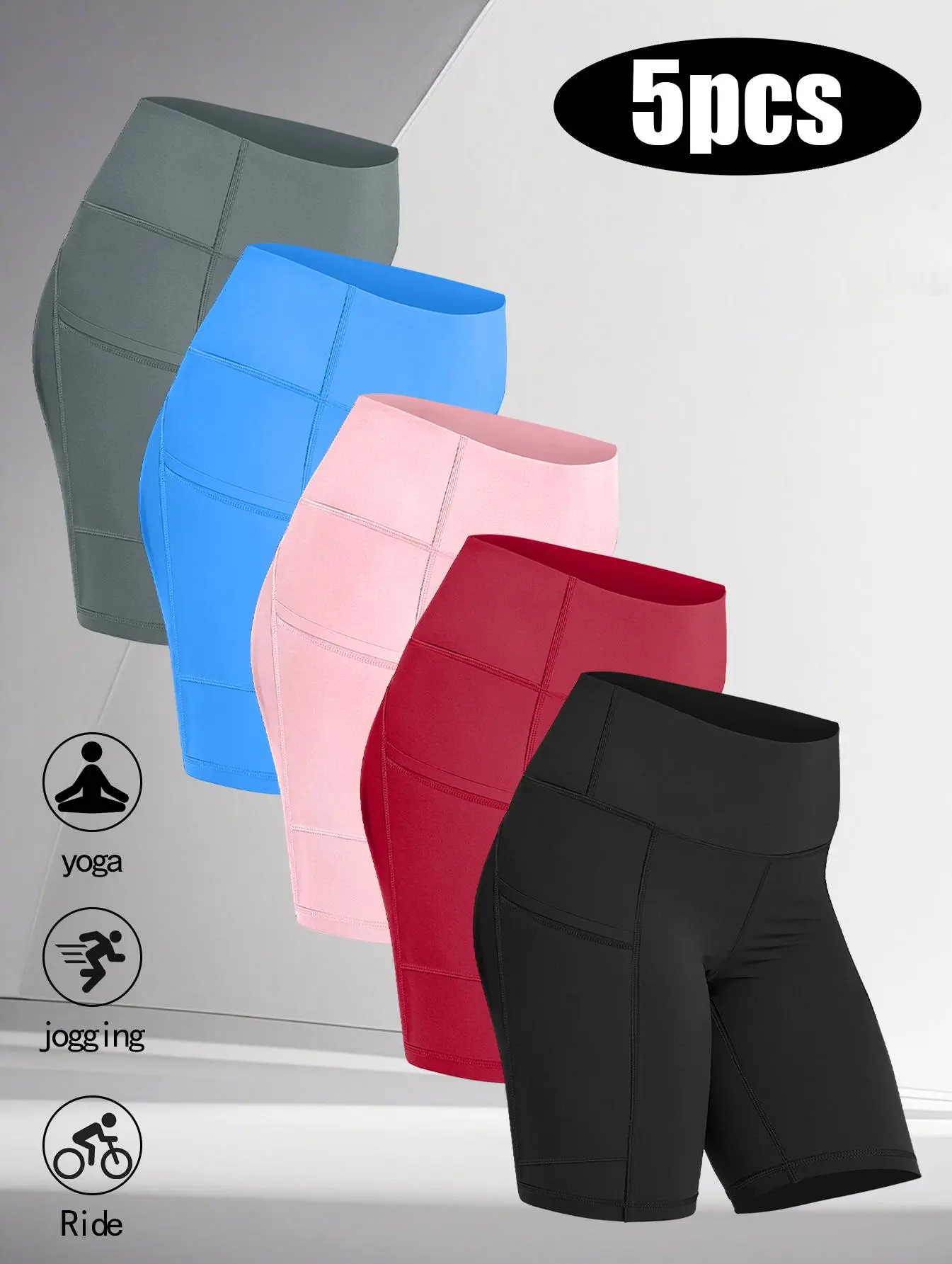Women's High-Waisted Plus Size Shorts, Pack of 5, Opaque Soft Breathable Tummy-Tucking Bottoms with Deep Pockets for Yoga, Running