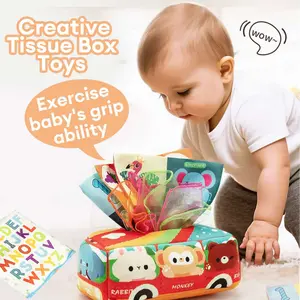 Sensory Early Learning Toys Animal School Bus Tissue Box with Educational Scarf & Crinkle Paper