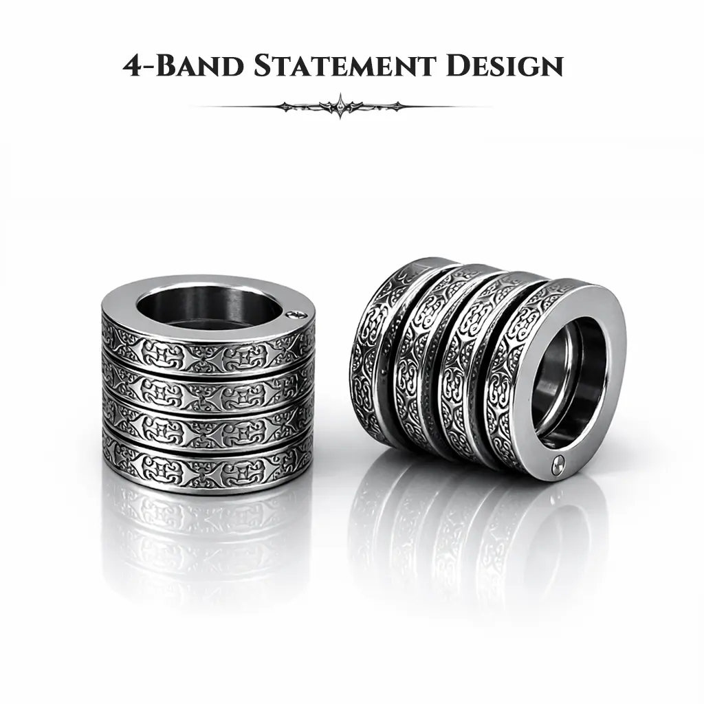 BLACKNOISE 4-Band Engraved Statement Ring, Wide Stainless Steel Fashion Ring， Ring Jewelry， Finger Jewelry， rings for men