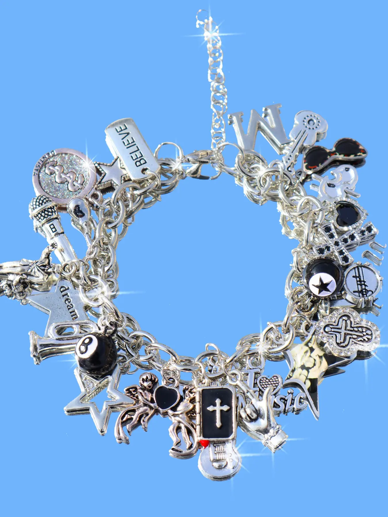 Dark Punk Music Charm Bracelet, Vintage Star Girl Cross Bracelet, Festival Friendship Bracelet, Rock Leopard Print DIY Bracelet, Faith Friendship Bracelets, Charms Bracelet, Alloy Chain Bracelet, Hand Chain Jewelry
