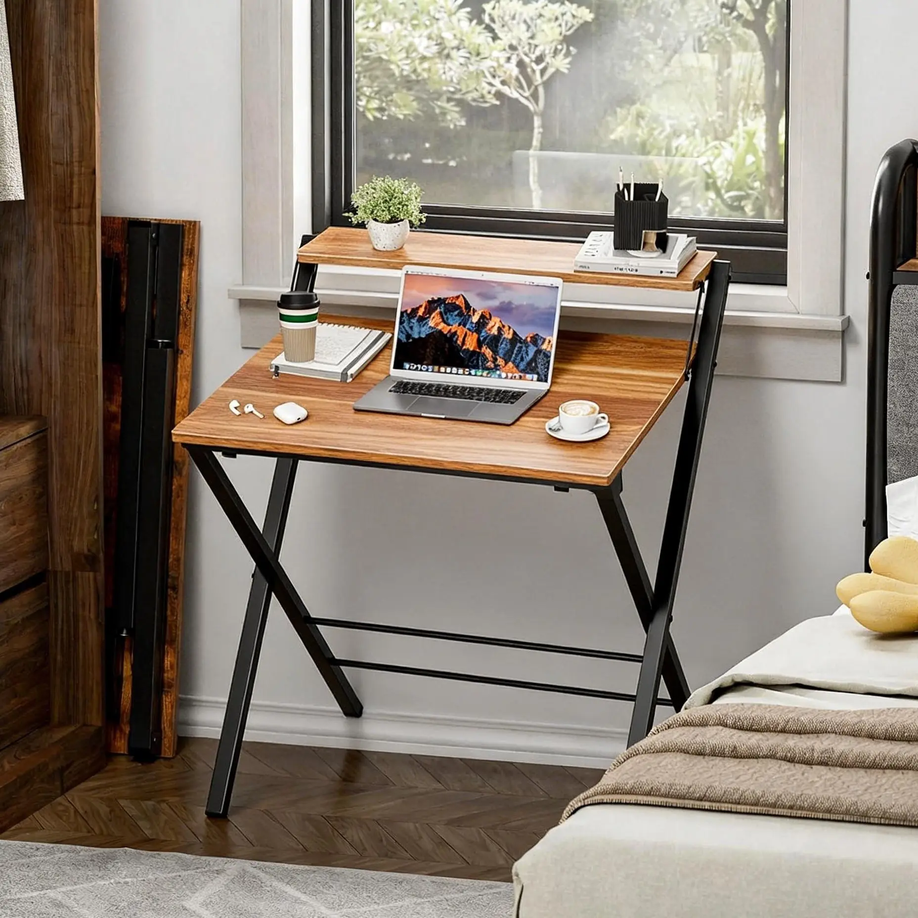 Small Computer Desk Folding Table - 27" Foldable Office Desk, No Assembly, Perfect for Small Spaces in Bedroom, Dorm, or Apartment, Portable Mini Desk or Study Table with Compact Design, Brown Small Folding Desk with Shelf, No Assembly tiktokshopspringglo