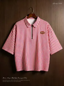 Unisex Striped Half-Zip Polo ✨ | For Men & Women | All Occasions | Style with Any Bottoms For Beach, Work & Weekend Wear,Casual Striped Zip Polo Shirt 🟥 | For Urban Commuters & Office Casual Wearers | Breathable Fabric | Match with Chinos & Loafers