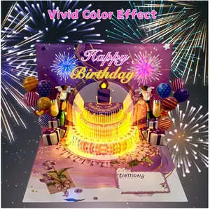 3D Pop Up Pink Birthday Card with Blowable LED Candle & Happy Birthday Song, Interactive Fireworks Light Show Greeting Card for Her, Magic Blow Out Sensor Triggers Cheers & Applause, 24 Fiber Optic LEDs Dancing Lights, Includes Envelope & Blank Wish Card