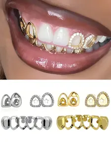 3Pcs Grillz Women's Teeth Jewelry Set, Hollow Heart Design Copper Material Plated Zirconia Craftsmanship, Ideal for Festivals Parties Role-Playing Aesthetic