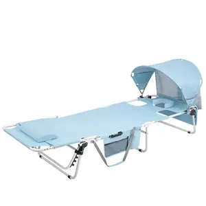 Multi Purpose Beach Tanning Chair with Adjustable Canopy UPF 50+ Soft Headrest Pillow & Side Storage Pocket