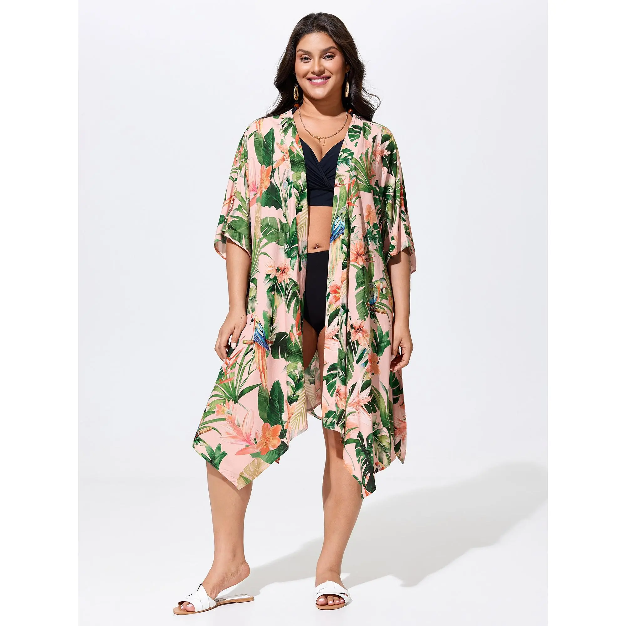 BloomChic Women's Plus Size Tropical Rayon Kimono, Open Front Beach Cover Up with a Waist Tie for Summer, Garment, Fit, Women's Clothes, Plus Size Clothes, Cold Wash, 18-20/2X, Tropical Clothing, Do Not Tumble Dry, Machine Washable, Multicolor