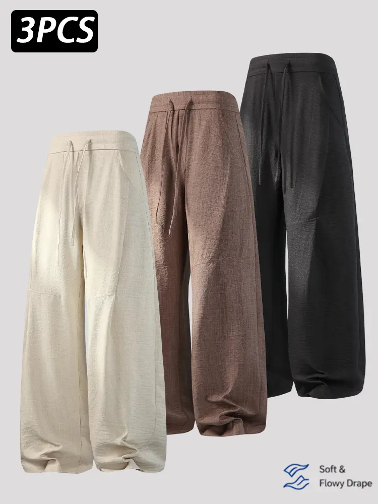 Men's Plain Wide Leg Pants in a Linen-Look Fabric, Relaxed Fit Menswear with Natural Drape & Elastic Waist for Travel (1/2/3 Pack), Pocket, Textured