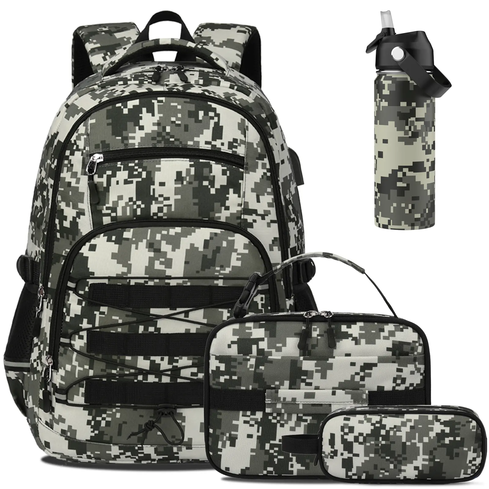 SIMILOVE Camo Backpack for Boys with Insulated Water Bottle/Sling Bag, 4PCS Tactical Military Backpack for Kids Set with 18oz Water Bottle/Sling Bag, Lunch Bag & Pencil Case, School Boys Backpack Bookbag