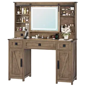 Sikaic Makeup Vanity with Sliding Mirror LED Lights Brown