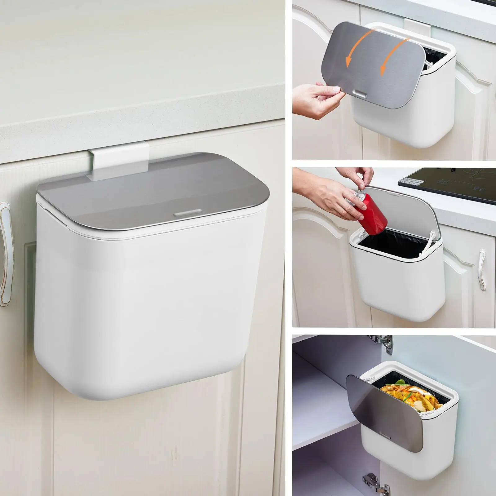 Garvee 1.8 Gallon Hanging Compost Bin with Stainless Steel Lid, Under Sink Kitchen Cabinet Door Mounted Food Waste Container for RV, Bathroom, Office Use
