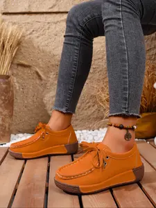 Women's Outdoor Lace-Up Loafers, Plus Size Comfortable Thick Sole Round Toe Patchwork Shoes, Casual Daily Commute Vacation Footwear, Breathable Flats