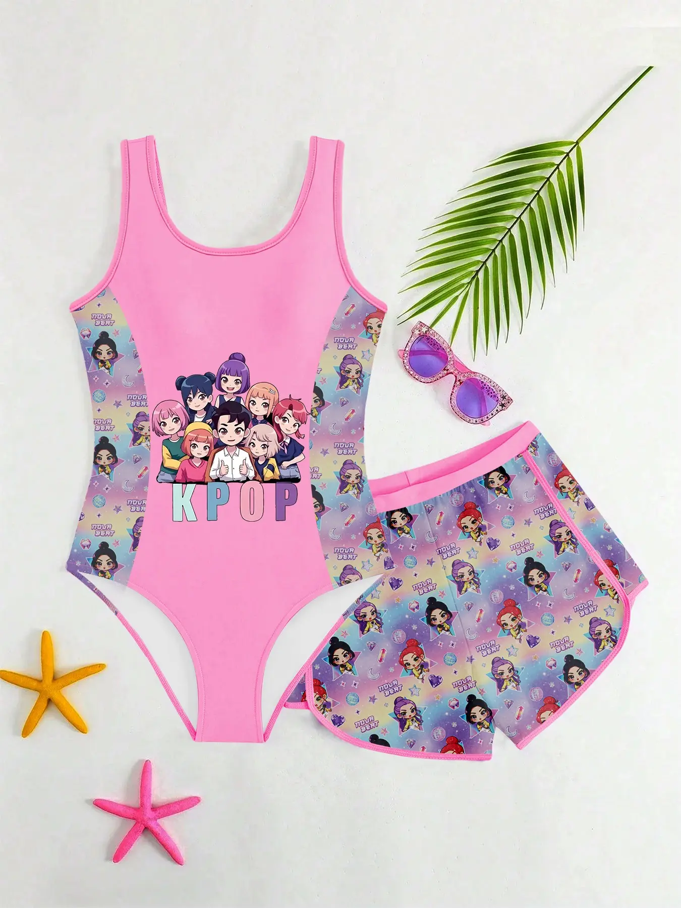 Girls' Idol Style Split Swimwear, Cartoon Print Tank Top Swimsuit + Shorts Set, Trendy Two-Piece Toddler Tankinis Bathing Suit for Kids