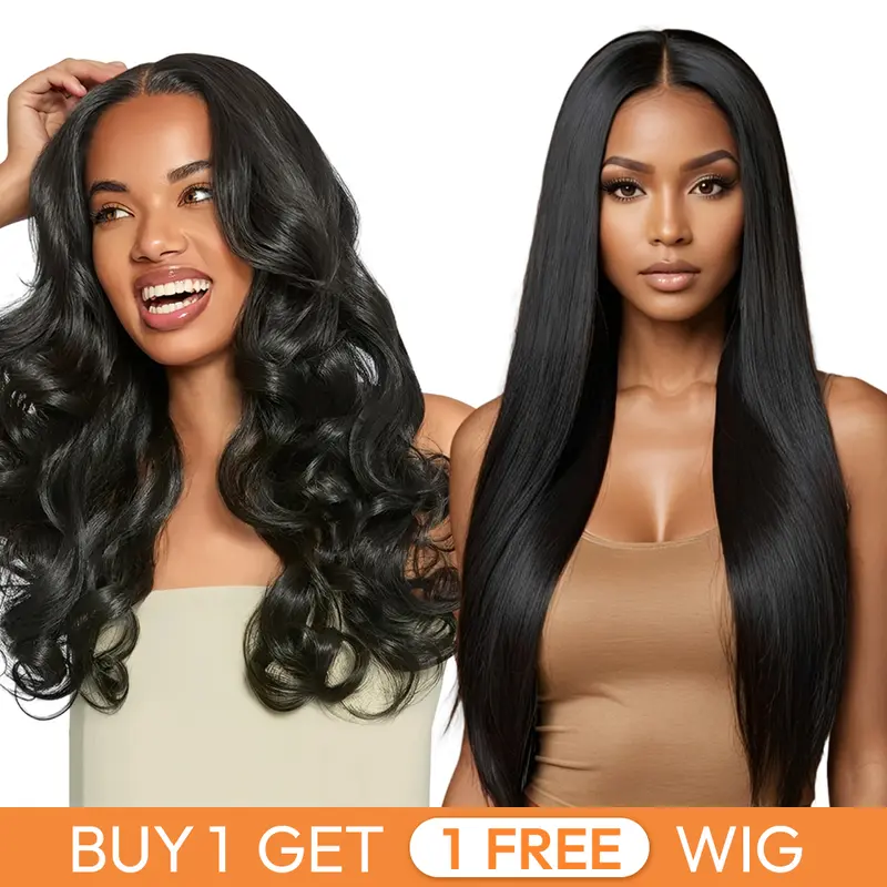 Buy 1 Get 1 Free Blend Human Hair Lace Front Wig | 180% Density Soft Natural Wig for Black Women, #1B Body Wave Wig & #1B Straight Hair Wig