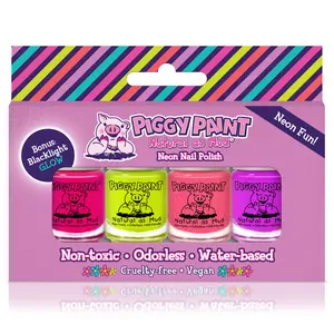 Piggy Paint Neon Gift Set - Kids Non-toxic Nail Polish with Blacklight Fun - Groovy Grape, Lime Time, Light of the Party, Groovy Grape - Water-based, Vegan, Cruelty-free