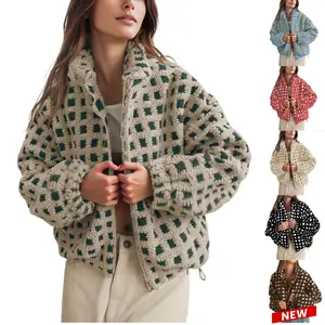 JovenPara Women's Winter Sherpa Fleece Jacket Long Sleeve Zip Up Checkered Fuzzy Cropped Coats Warm Outwear with Pockets Casual Winter Outerwear Womenswear