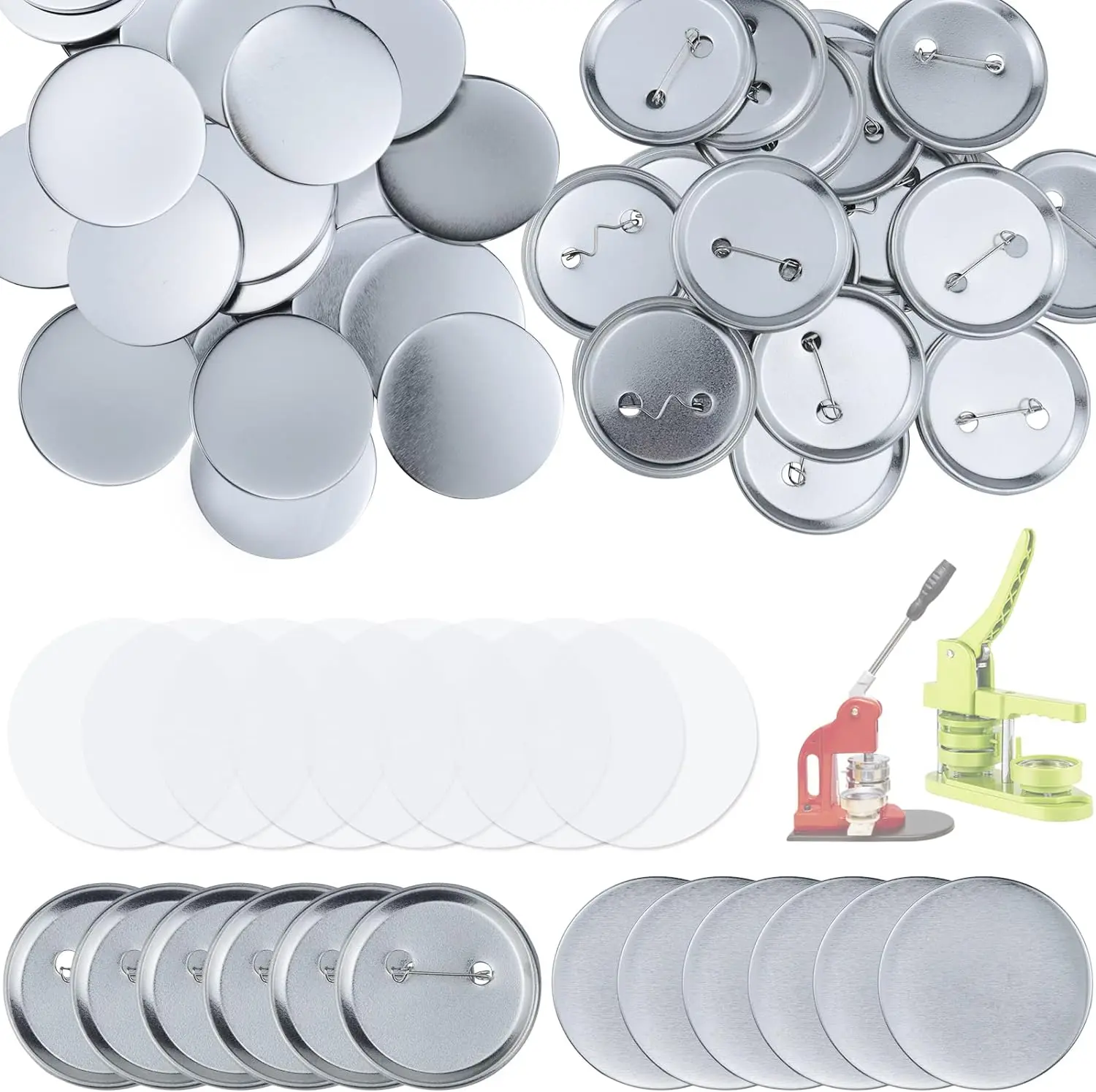 150 58mm/2.28inch Blank Button Making Supplies Badge Parts, Round Button Pin Badge Blanks Set for Button Maker Machine, Includes Metal Button Pin Back Cover, Metal Cover & Clear Film