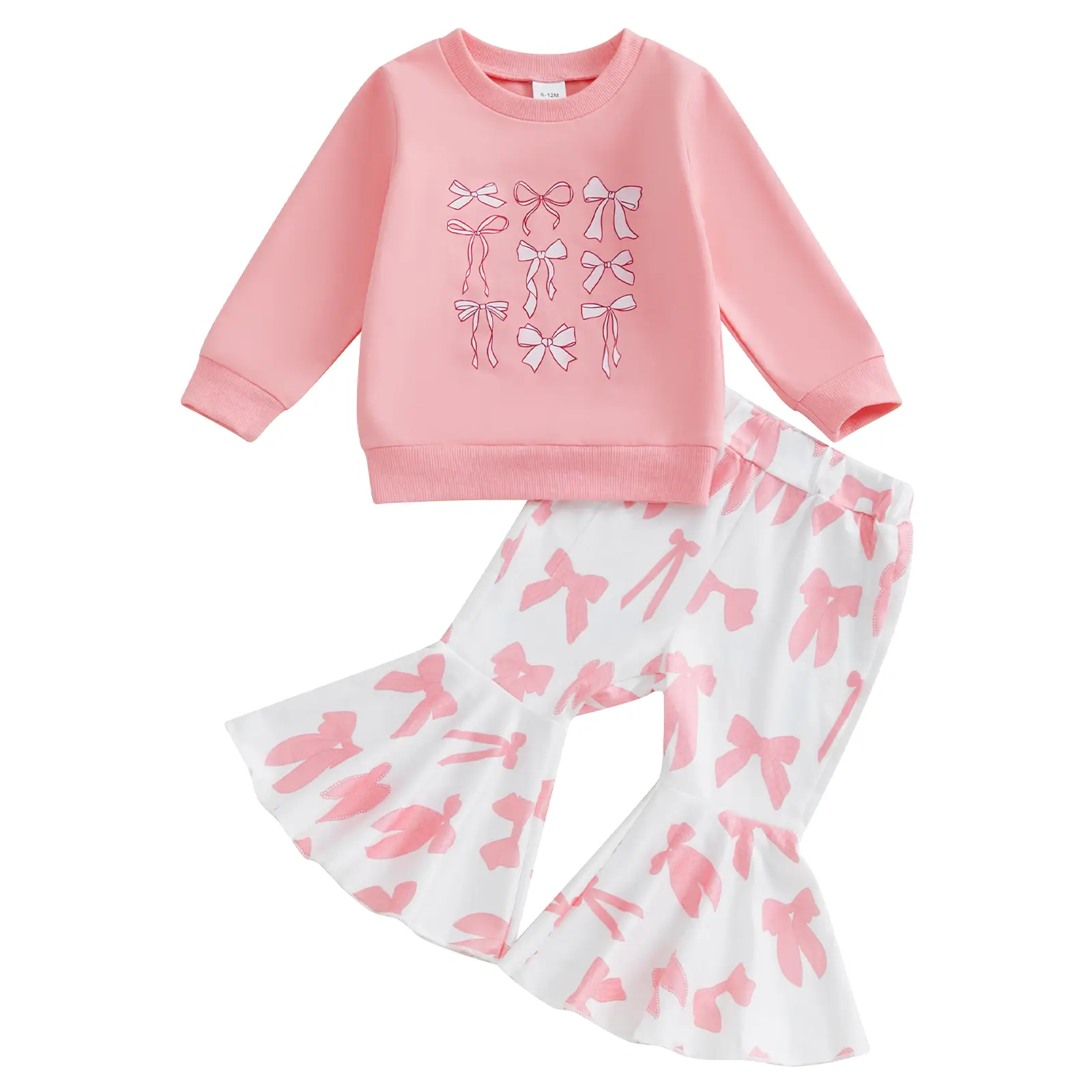 KIds Toddler Baby Girls Fall Winter Clothes Outfits Bell Bottoms Sets Bow Print Long Sleeve Sweatshirt Tops +Long Flare Pants 2-Piece Outfits