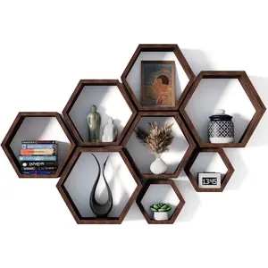 Floating Shelves Set of 8 Honeycomb Shelves for Wall, Wooden Hexagon Shelves for Farmhouse Storage