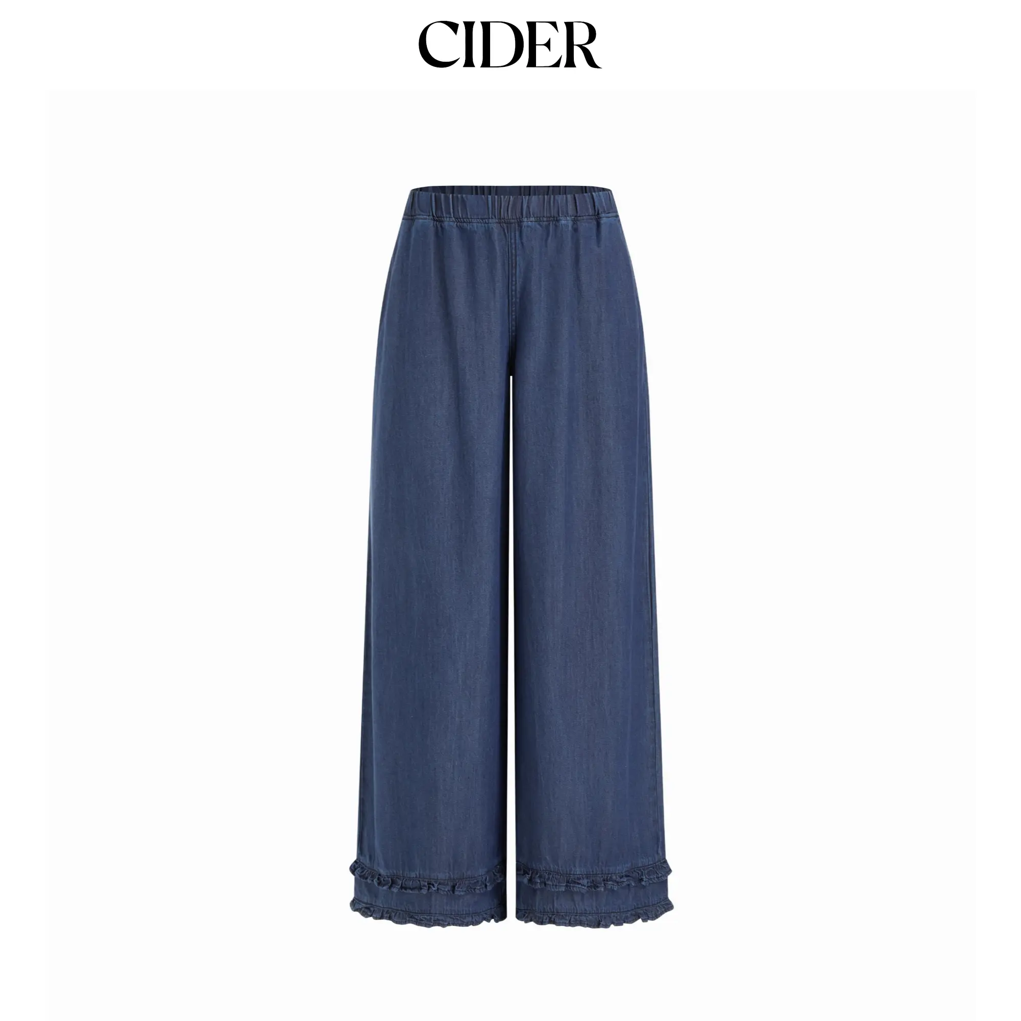Cider Women's Denim Bottom Pants - Mid Rise, Elastic Waist, Lettuce Trim, Button-Accent, Oversized Wide Straight Leg Jeans, Lady, Basic, Trouser
