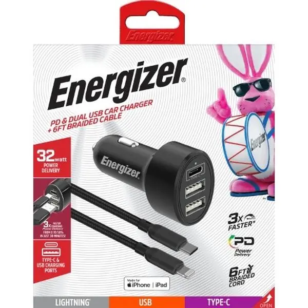 Energizer USB-C & Dual USB Car Charger - Fast Charging Port for Smartphone, Cellphone, Mobile Devices