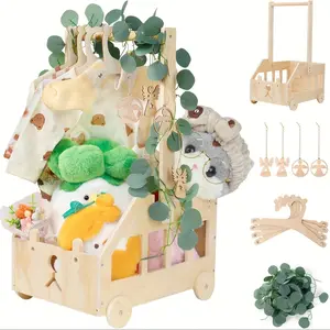 Wooden Baby Hamper Basket, Baby Shower Set with Handles, Crate, Closet, Basket with Wheels, Gift Baskets, Suitable for Christmas, Halloween Gifts & Fall Home Decor (Fairy Hanging Tag + Artificial Garland + 4 Hangers)