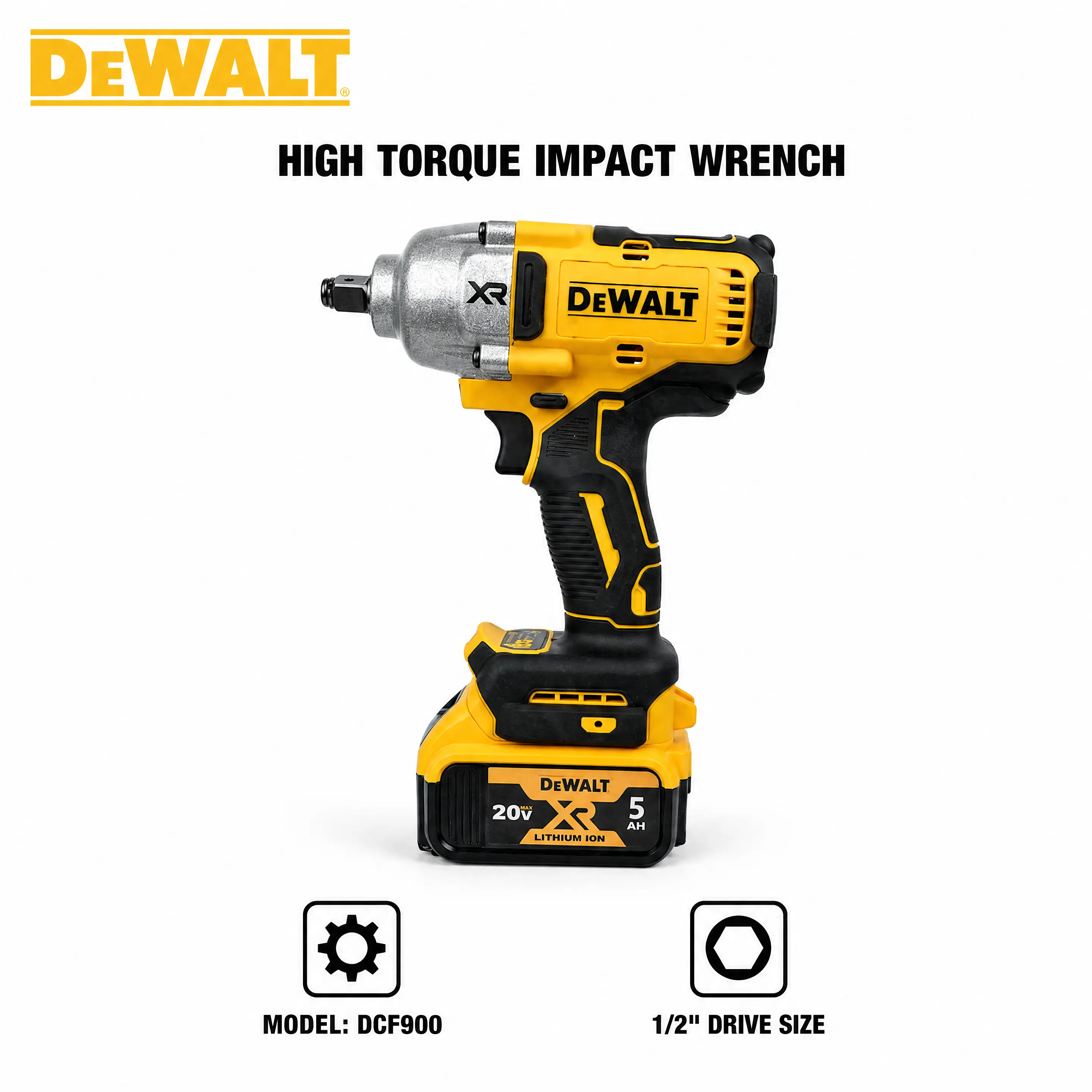 DEWALT DCF900 1/2 in Drive Cordless Impact Wrench, Hand Tool for Heavy Vehicle Maintenance & Construction Tasks, with Adjustable Torque Settings, Electronic Control, LED Lights & Reliable Operation metric