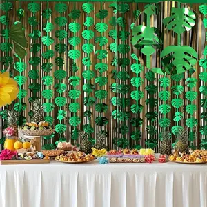Hawaiian Decorations Tinsel Foil Fringe Curtains (4 Pcs) - 3.3x6.6 Ft Dark Gold and Green Tropical Leaves Tinsel Curtains for Summer Jungle Aloha Luau Party Decor Photo Booth Prop Backdrop