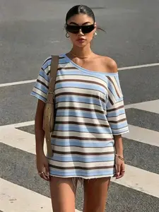Blue & Brown Striped Off-the-Shoulder Oversized T-Shirt | Coastal Casual & Grunge Aesthetic | Raw Edge Details | Versatile Summer Wear | Perfect for Laid-Back Street Style | Top