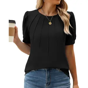WEACZZY Womens Puff Short Sleeve Tops Dressy Casual Crew Neck Pleated T Shirts Cute Blouse Tunic Top Fashion Clothes 2025