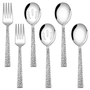 Hammered Stainless Steel Serving Utensils Set of 6 - Square Hostess Set with Slotted Spoons and Forks for Buffet Catering Cutlery Tableware