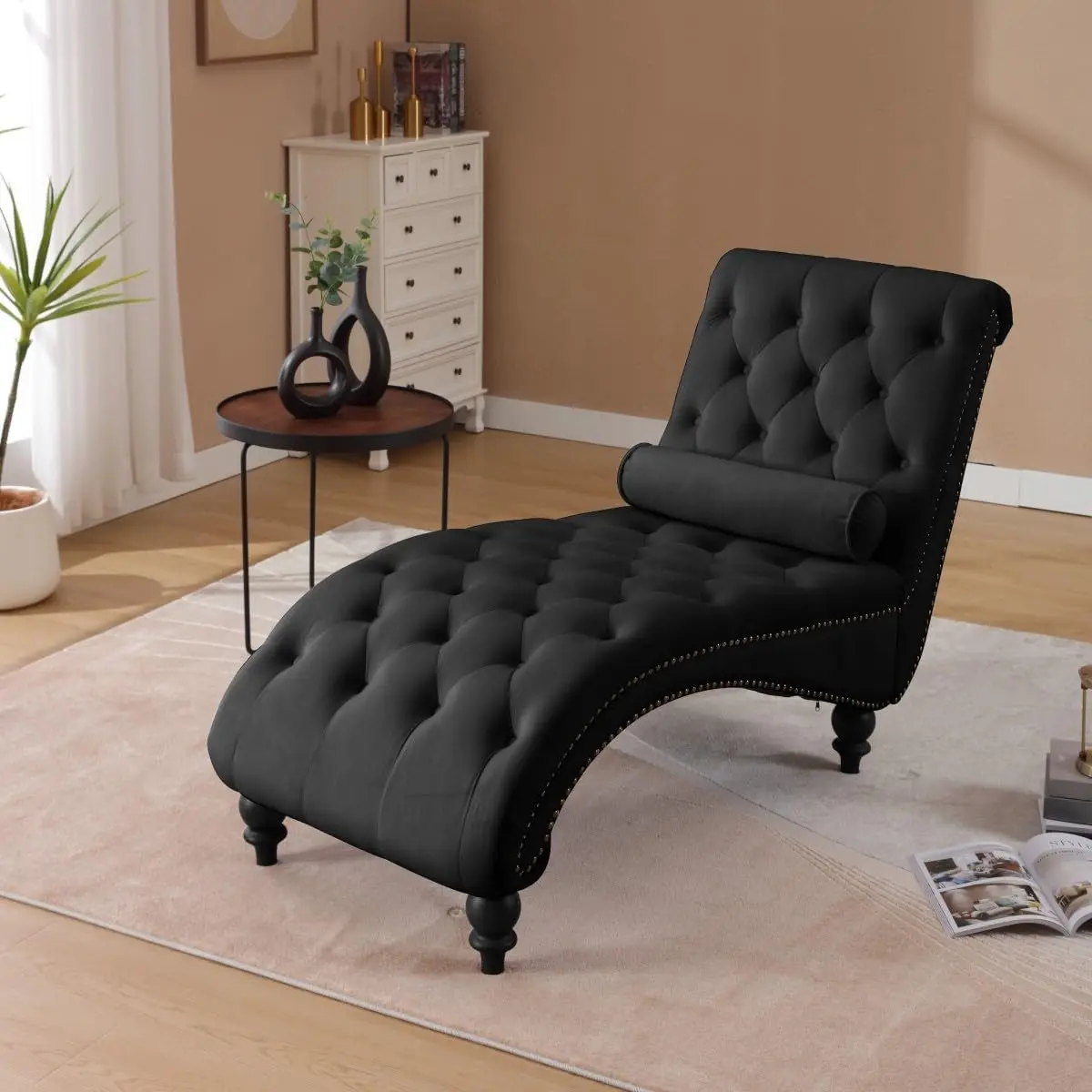 Chaise Lounge Chair Indoor Button-Tufted with Solid Wood Legs Support Pillow Nailhead Decor Armless Leisure Sofa Recliner for Living Room Office BLACK