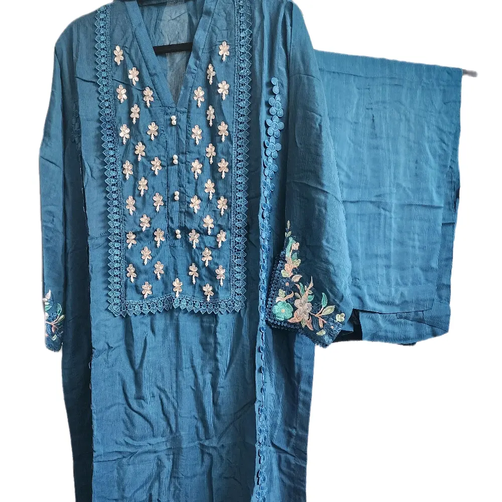 Rawsilk Three Piece Pakistani Suit with Chiffon Dupatta and Handwork Detailing in Blue Color