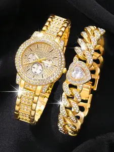 Luxurious Women's Watch Bracelet Set, Roman Numerals Diamond-Encrusted Wristwatch, Fashionable Sparkling Watch + Heart Cuban Chain Bracelet Set, Cuban Link Bracelet, Jewelry Bracelet, Fashion Accessories