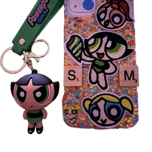 Powerpuff Girls Phone Case and Keychain Set with Sparkling Embroidery and Character Charm fits iPhone 13/14